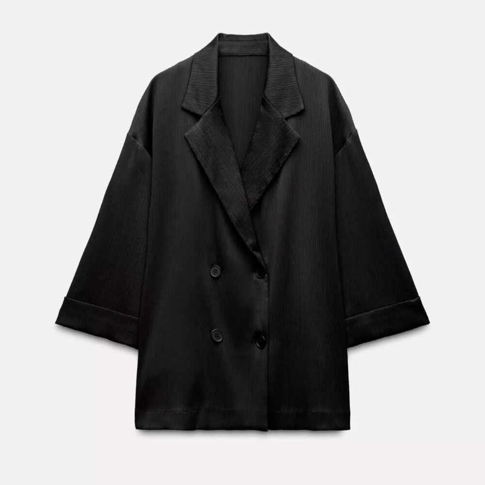Zara Wrinkle Look Double Breasted Blazer Black Size M NWT